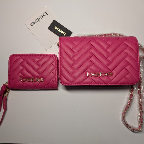 Bebe Quilted Fuchsia Shoulder Bag & Matching Wallet Set - Picture 1 of 8